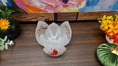 Frosted Glass Lotus Blossom Candle Holder - Red Cardinal