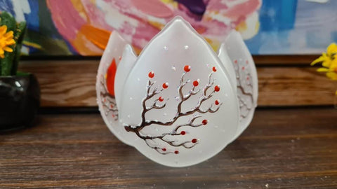 Frosted Glass Lotus Blossom Candle Holder - Red Cardinal