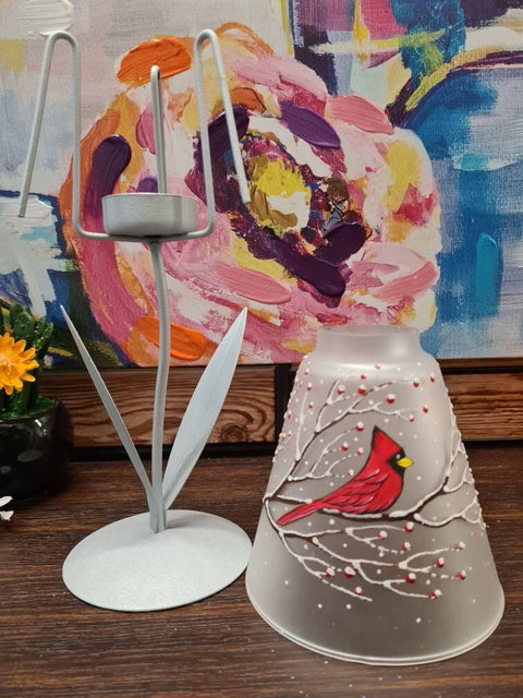 Frosted Glass Lamp Candle Holder  - Red Cardinal