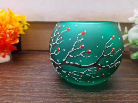 Green Glass Candle Holder  - Red Cardinal- Multiple Sizes