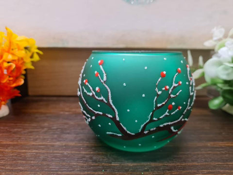 Green Glass Candle Holder  - Red Cardinal- Multiple Sizes