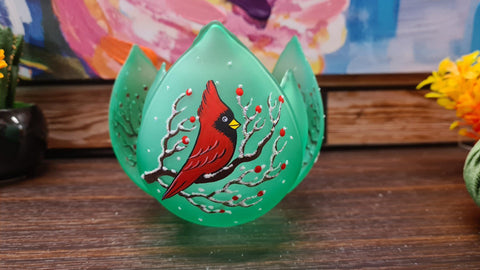 Green Glass Lotus Blossom Candle Holder  - Red Cardinal