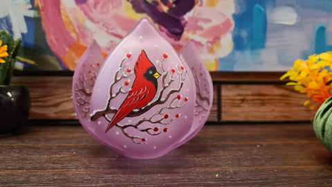 Lavender Glass Lotus Blossom Candle Holder  - Red Cardinal