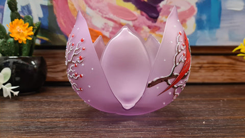 Lavender Glass Lotus Blossom Candle Holder  - Red Cardinal