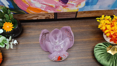 Lavender Glass Lotus Blossom Candle Holder  - Red Cardinal