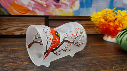 Frosted Glass Single Candle Holder  - Red Cardinal