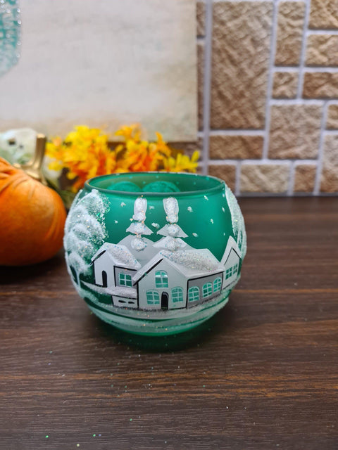 Green Glass Candle Holder - White Cabins- Multiple Sizes