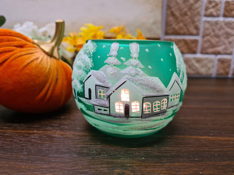 Green Glass Candle Holder - White Cabins- Multiple Sizes