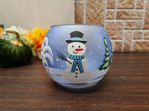 Frosted And Light Blue Glass Candle Holder  - Snowman In Winter