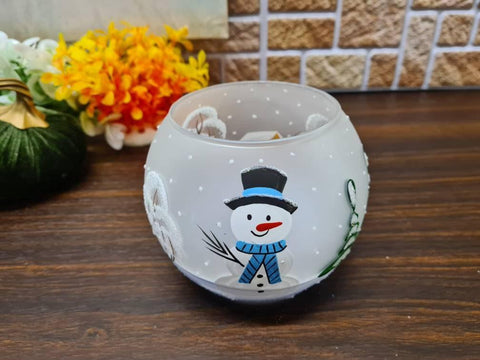 Frosted And Light Blue Glass Candle Holder  - Snowman In Winter