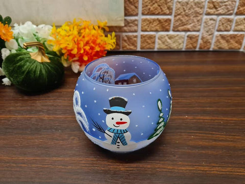 Frosted And Light Blue Glass Candle Holder  - Snowman In Winter