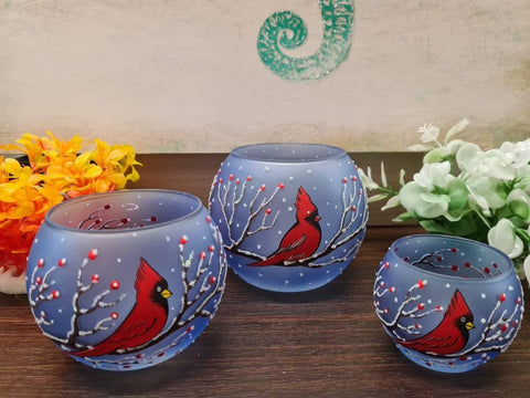 Light Blue Glass Candle Holder - Red Cardinal- Multiple Sizes