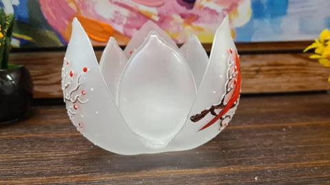 Frosted Glass Lotus Blossom Candle Holder - Red Cardinal