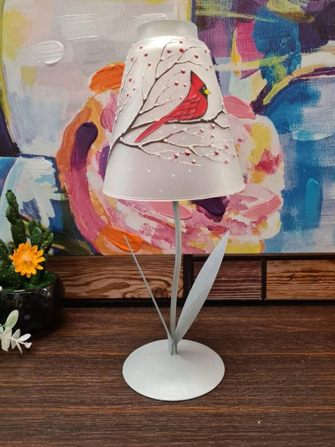 Frosted Glass Lamp Candle Holder  - Red Cardinal