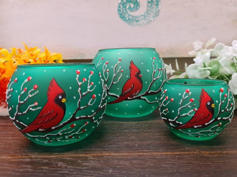 Green Glass Candle Holder  - Red Cardinal- Multiple Sizes