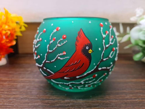 Green Glass Candle Holder  - Red Cardinal- Multiple Sizes