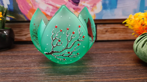 Green Glass Lotus Blossom Candle Holder  - Red Cardinal