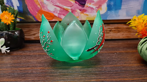 Green Glass Lotus Blossom Candle Holder  - Red Cardinal