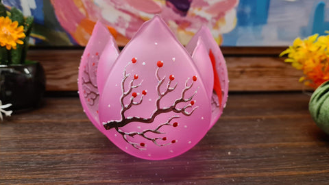 Pink Glass Lotus Blossom Candle Holder  - Red Cardinal