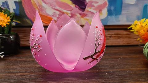 Pink Glass Lotus Blossom Candle Holder  - Red Cardinal