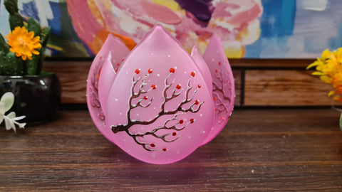 Pink Glass Lotus Blossom Candle Holder  - Red Cardinal