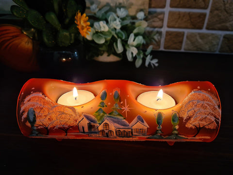 Orange Glass Double  Candle Holder  - White Cabins Yule Log Style