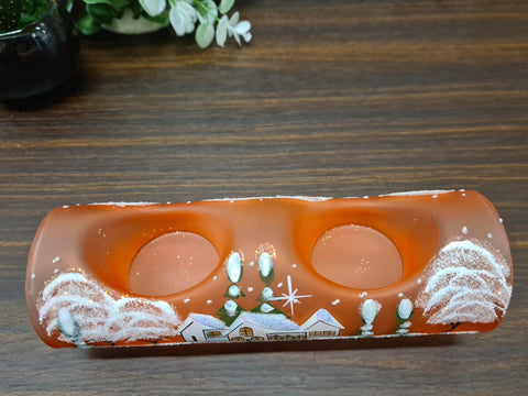 Orange Glass Double  Candle Holder  - White Cabins Yule Log Style