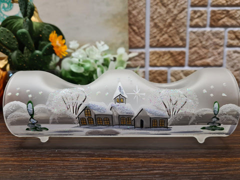 Frosted Glass Double Candle Holder  - White Church Yule Log Style