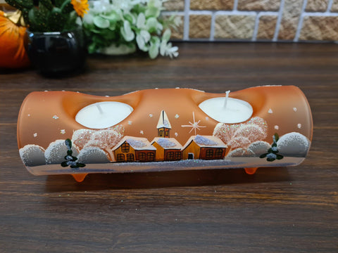 Orange Glass Double Candle Holder  - Brown Cabins Yule Log Style