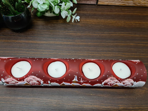 Red Glass Quad Candle Holder  - Brown Church Yule Log Style