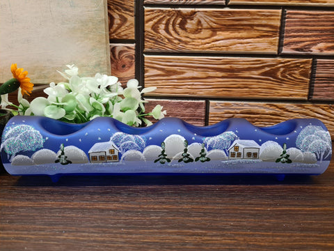 Blue Glass Quad Candle Holder  - White Church Yule Log Style