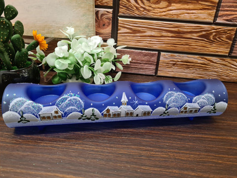 Blue Glass Quad Candle Holder  - White Church Yule Log Style