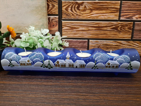 Blue Glass Quad Candle Holder  - White Church Yule Log Style