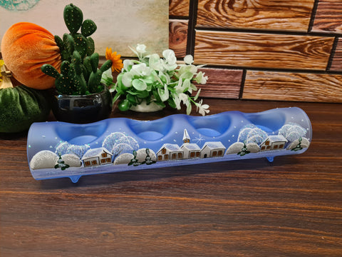 Light Blue Glass Quad Candle Holder  - White Cabins  Yule Log Style