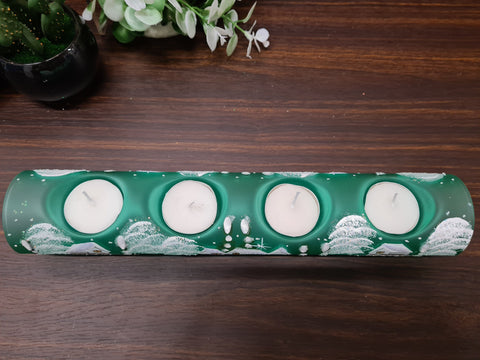 Green Glass Quad Candle Holder  - White Cabins Yule Log Style