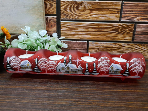 Red Glass Quad Candle Holder - White Cabins Yule Log Style