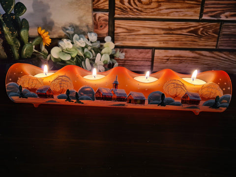 Orange Glass Quad Candle Holder  - Brown Church Yule Log Style