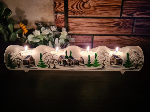 Frosted Glass Quad Candle Holder  - White Church Yule Log Style