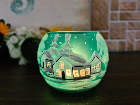 Green Glass Candle Holder - White Cabins- Multiple Sizes