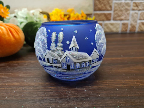 Blue Glass Candle Holder - White Church - Multiple Sizes