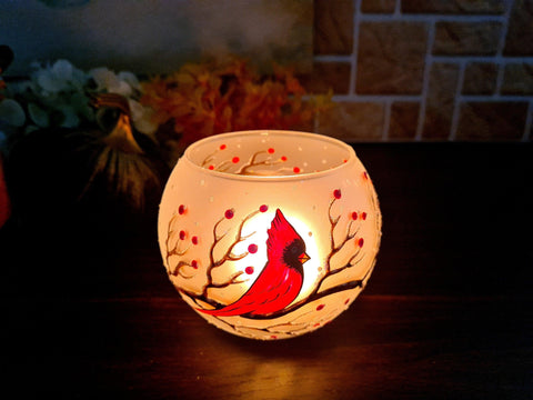 Frosted Glass Candle Holder - Red Cardinal - Multiple Sizes