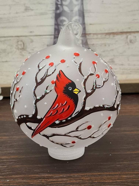 Frosted Blown Glass Ornament - Handcrafted - Red Cardinal Design