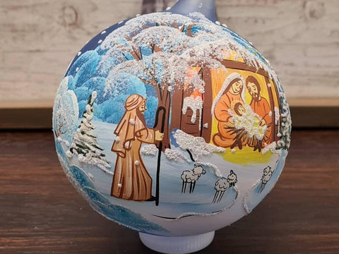 Light Blue Blown Glass Ornament - Handcrafted - Nativity Design