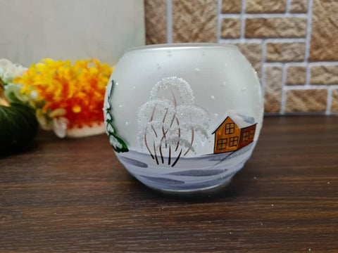 Frosted And Light Blue Glass Candle Holder  - Snowman In Winter