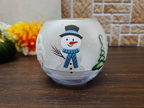 Frosted And Light Blue Glass Candle Holder  - Snowman In Winter