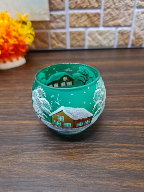 Green Glass Candle Holder - Brown Cabins - Multiple Sizes