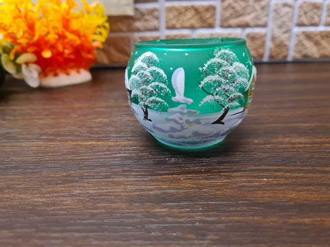 Green Glass Candle Holder - Brown Cabins - Multiple Sizes