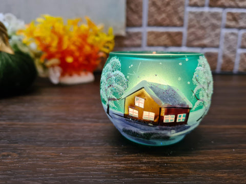 Green Glass Candle Holder - Brown Cabins - Multiple Sizes