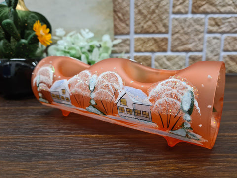 Orange Glass Double  Candle Holder  - White Cabins Yule Log Style