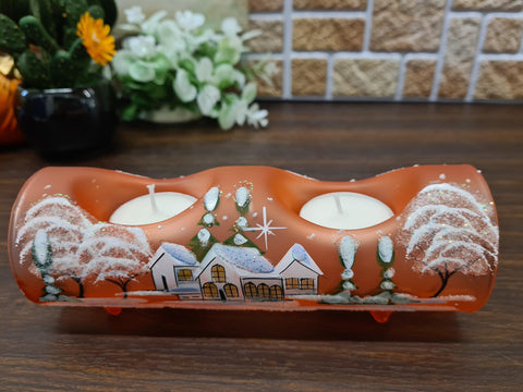 Orange Glass Double  Candle Holder  - White Cabins Yule Log Style